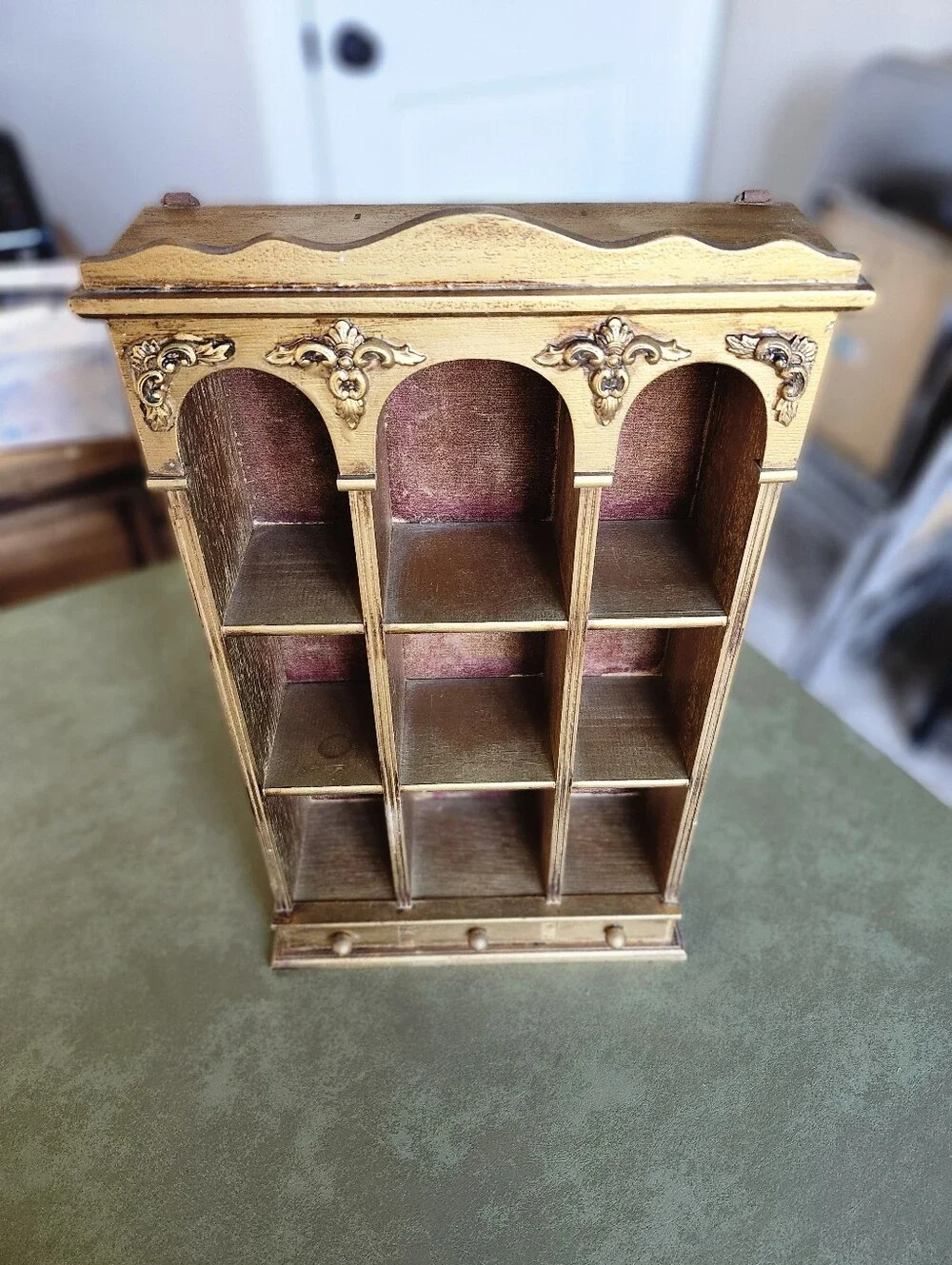 Vintage 9 Openings Wooden Ornate Wall Display Trinket Curio Shelf